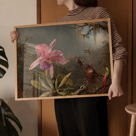Orquídea Cattleya y tres colibríes (1871)